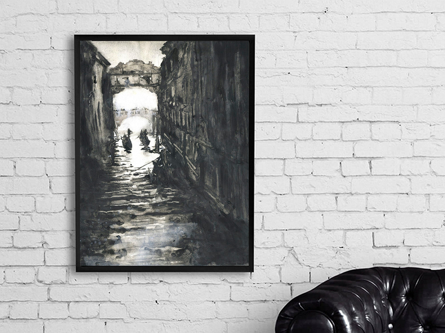 Venice, Italy black white watercolor painting. Bridge of Sighs painting in Venice, Italy gondola boats monochromatic art B&W Venice painting (print)