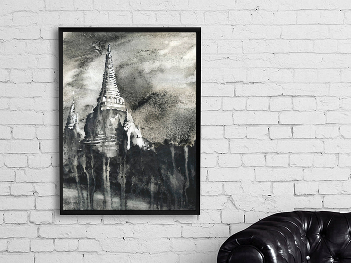 Wat Phra Si Sanphet ruins at Ayutthaya, Thailand.  Ruins of temple at Ayutthaya black white watercolor artwork Thailand.  Original painting