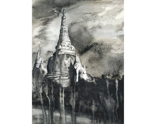 Wat Phra Si Sanphet ruins at Ayutthaya, Thailand.  Ruins of temple at Ayutthaya black white watercolor artwork Thailand.  Original painting