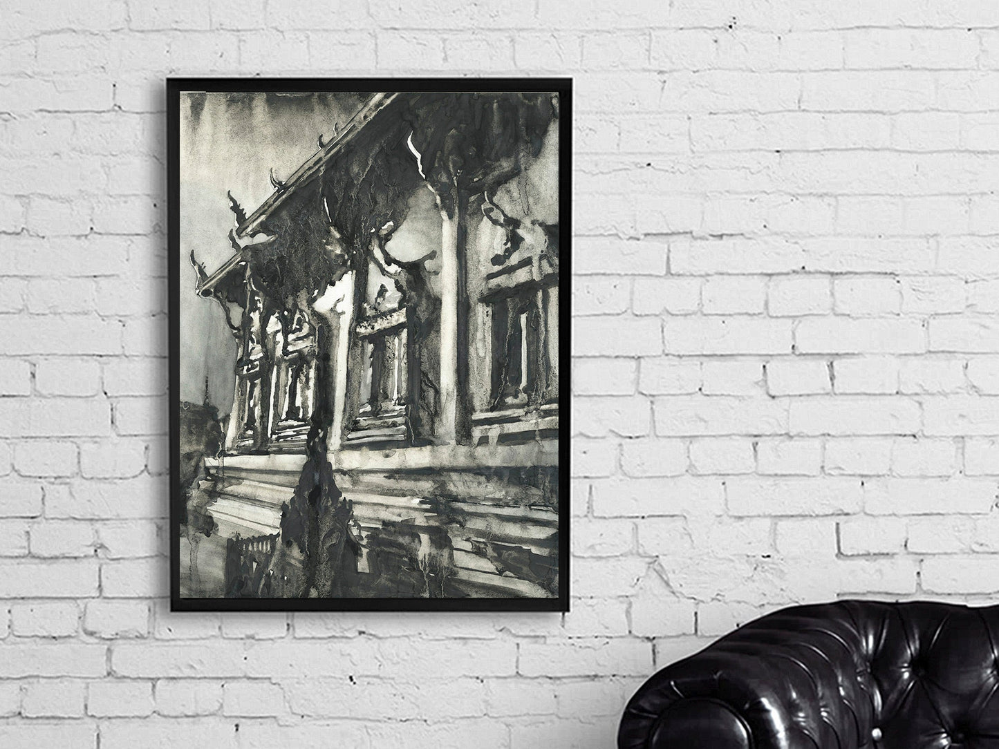 Buddhist temple of Wat Pra Singh in the city of Chiang Mai, Thailand.  Buddhist wat Thailand monochromatic artwork Buddhism watercolor (print)