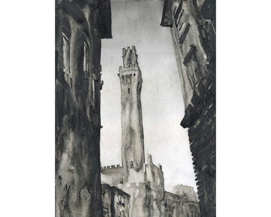 Siena, Italy tower.  Torre del Mangia in medieval city of Siena, Italy artwork.  Siena painting watercolor fine art Italy Tuscany (print)