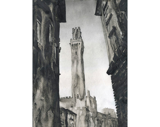 Tower in Siena, Italy. Torre del Mangia in medieval city of Siena, Italy artwork. Siena painting watercolor fine art watercolor (original)