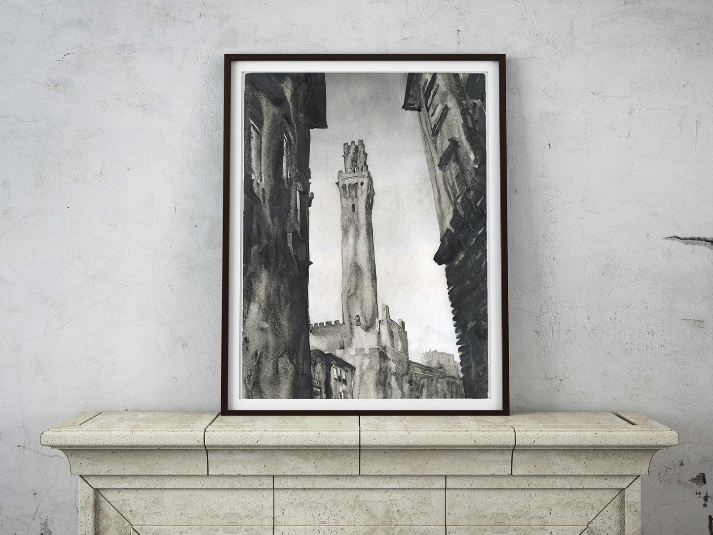 Siena, Italy tower.  Torre del Mangia in medieval city of Siena, Italy artwork.  Siena painting watercolor fine art Italy Tuscany (print)