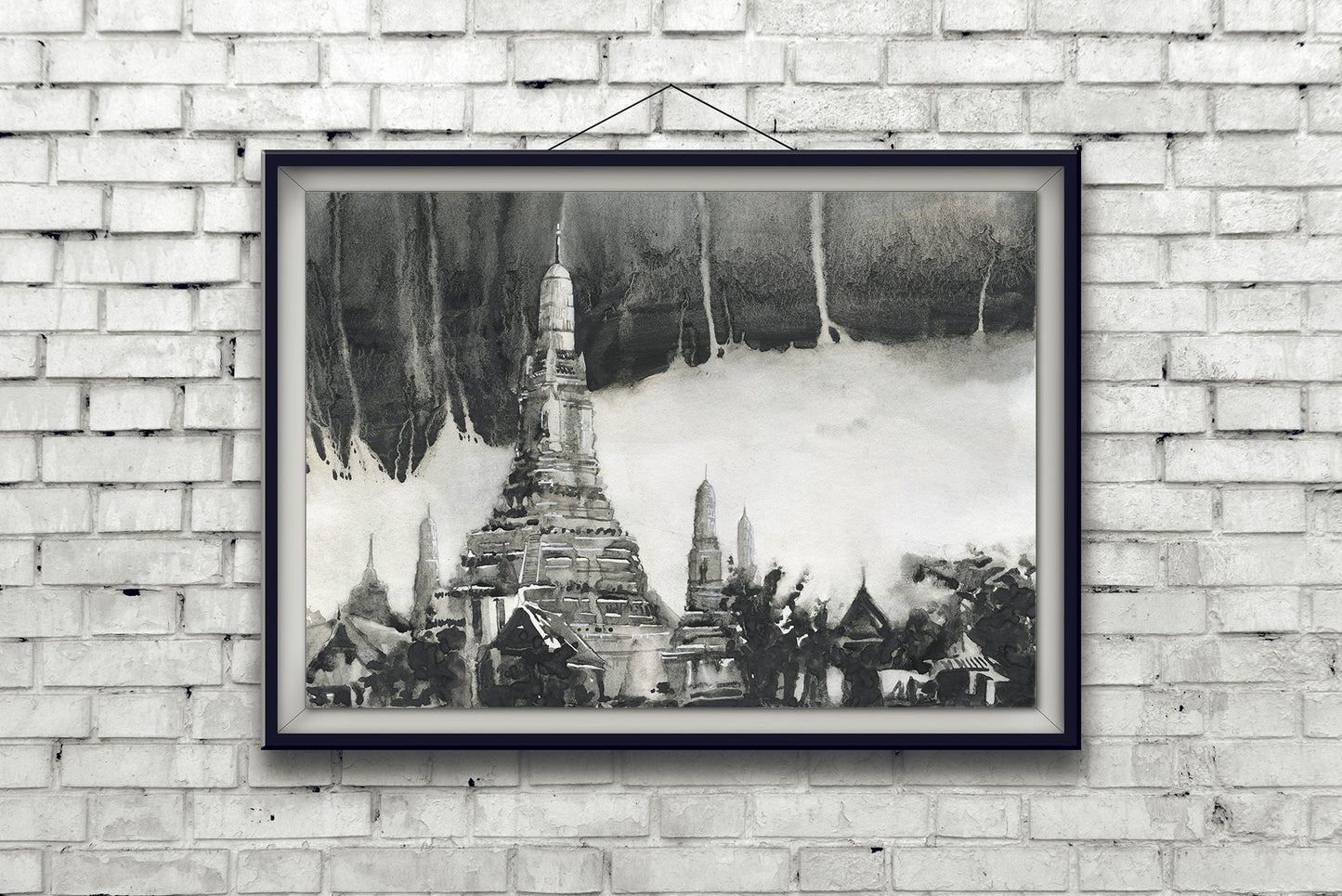 Wat Arun temple in Bangkok, Thailand.  Monochromatic art Wat Arun Thailand temple artwork Bangkok city. B&W watercolor (original painting)