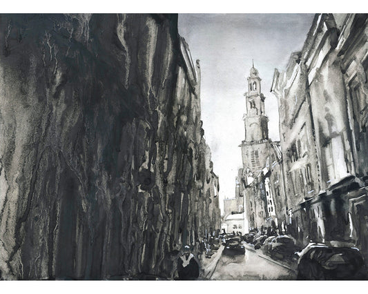 Iglesia que se eleva sobre los edificios de Amsterdam, Países Bajos. Obra monocromática en blanco y negro Pintura del horizonte de Ámsterdam Obra de arte en blanco y negro (impresión)