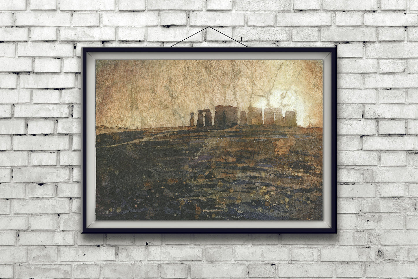 Stonehenge ruins in the UK countryside at sunset.  Stonehenge artwork fine art painting watercolor batik artwork Stonehenge ruins (print)