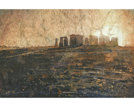 Stonehenge ruins in the UK countryside at sunset.  Stonehenge artwork fine art painting watercolor batik artwork Stonehenge ruins (print)
