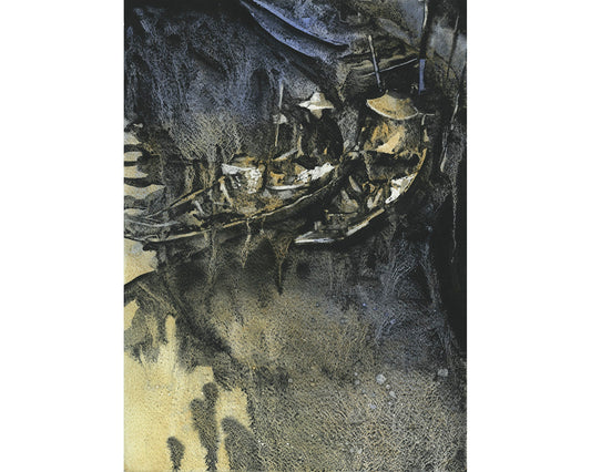 Floating Market in Bangkok, Thailand.  Monochromatic artwork Asia floating market boats on river Bangkok city watercolor B&W original art