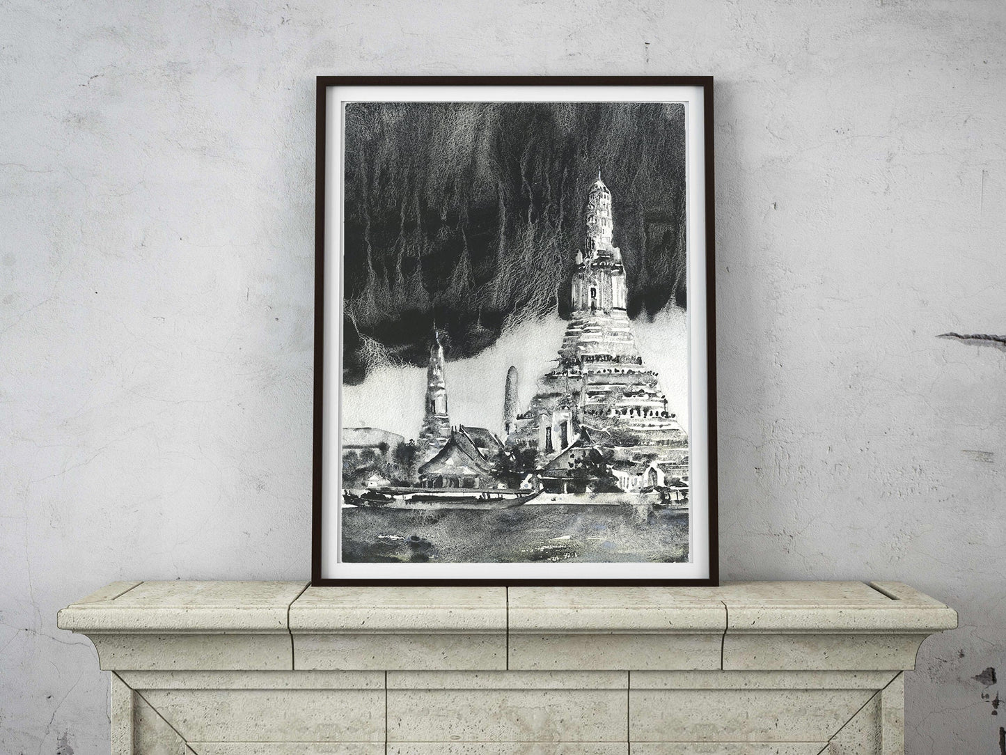 Wat Arun in Bangkok, Thailand watercolor painting.  B&W art of Wat Arun Thailand temple artwork Bangkok city monochromatic artwork Asia (print)