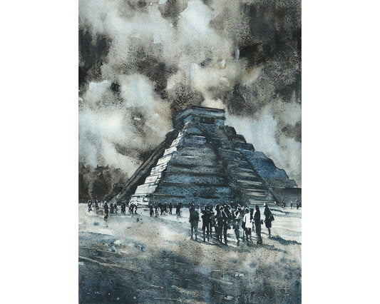 Mayan ruins at Chichen Itza, in the Yucatan Peninsula- Mexico.  El Castillo  (Temple of Kukulcan).  Chichen Itaza Mexican ruins art (print)