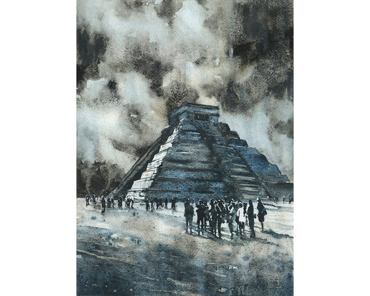 Mexico artwork watercolor print showing El Castillo pyramid at Chichen Itza, perfect as a gift for her or cultural home accent for world heritage art fans.