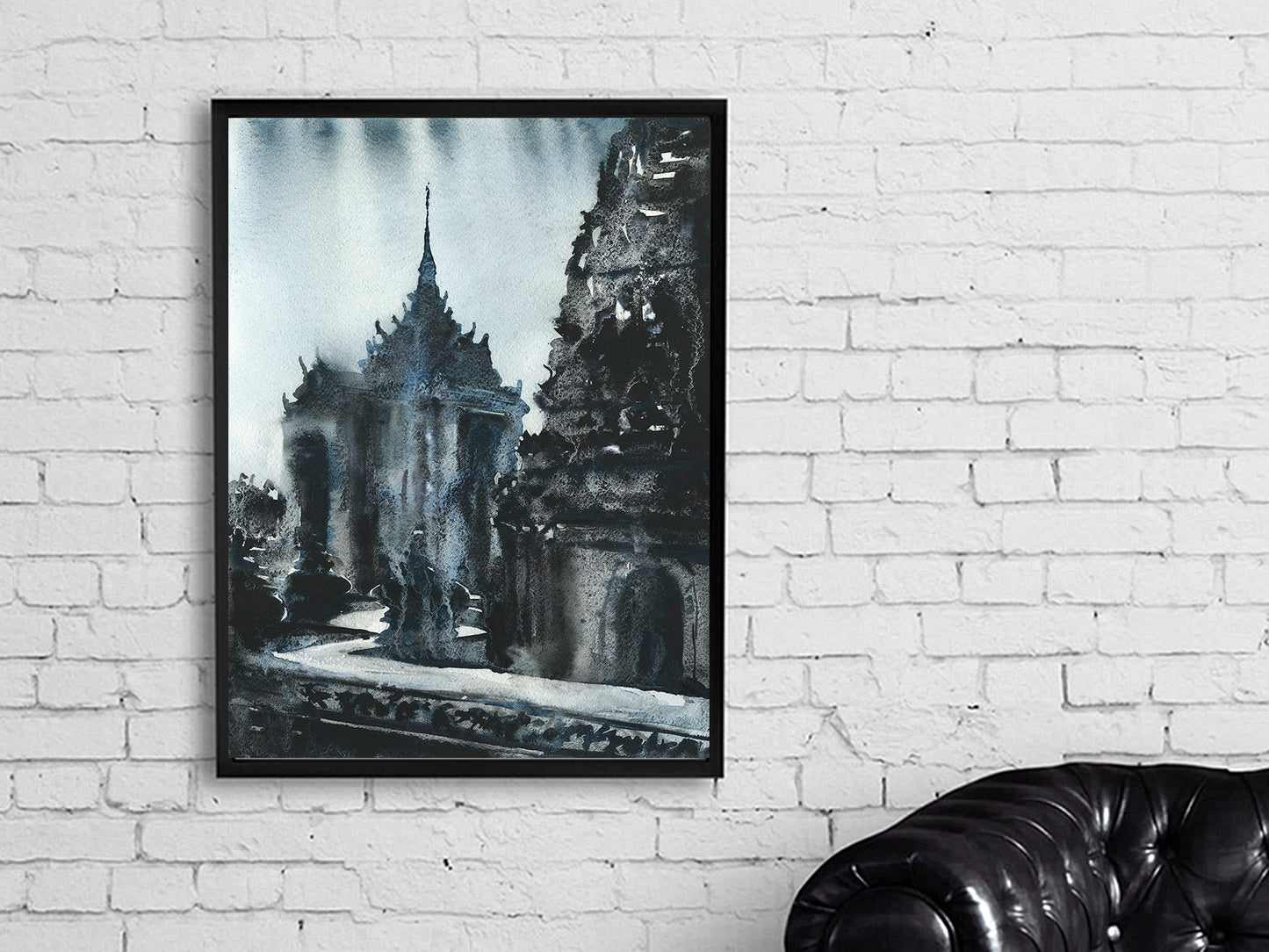 Buddhist temple of Wat Pra Singh in the city of Chiang Mai, Thailand.  Buddhist wat Thailand monochromatic artwork Buddhism (fine art print)