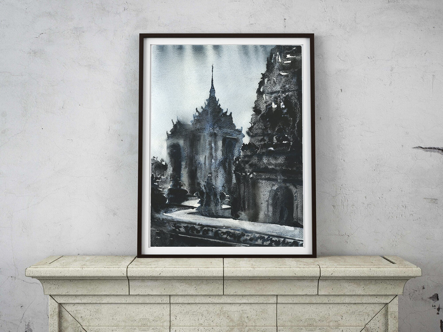 Buddhist temple of Wat Pra Singh in the city of Chiang Mai, Thailand.  Buddhist wat Thailand monochromatic artwork Buddhism (fine art print)