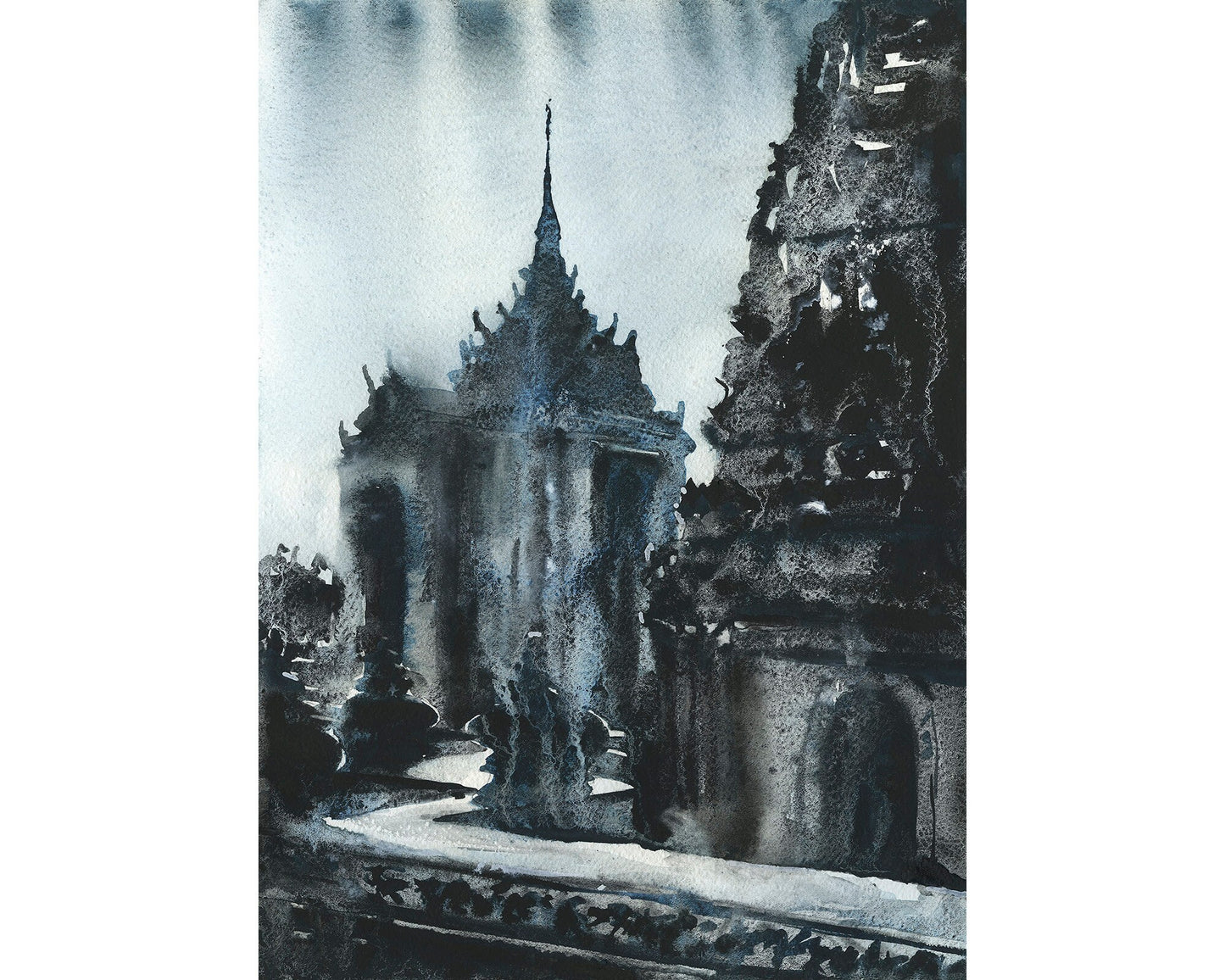 Buddhist temple of Wat Pra Singh in the city of Chiang Mai, Thailand.  Buddhist wat Thailand monochromatic artwork Buddhism (fine art print)