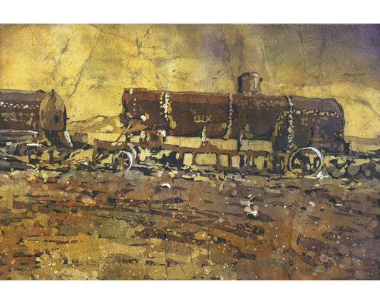 Train Cemetery in the Salar de Uyuni, Bolivia. Train artwork Cemeterio de Trenes Salar de Uyuni colorful watercolor painting Bolivia art