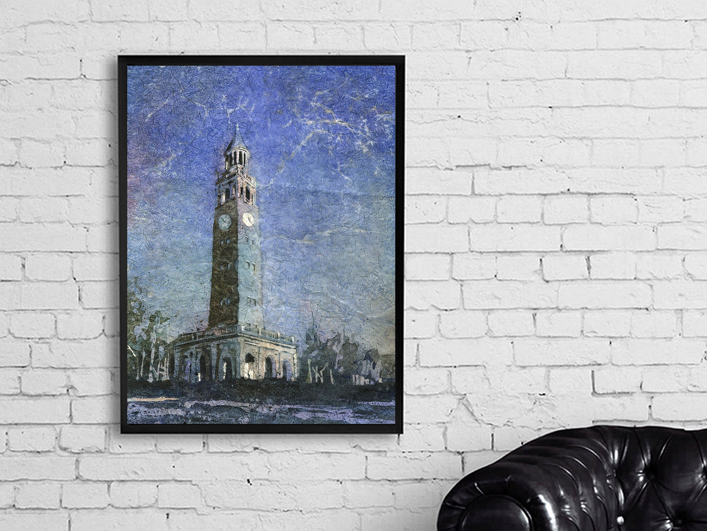 University of North Carolina (UNC) belltower at dusk in Chapel Hill, NC.  UNC decor Tar Heels belltower Chapel Hill artwork batik (print)