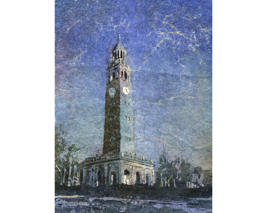 University of North Carolina (UNC) belltower at dusk in Chapel Hill, NC. UNC decor Tar Heels belltower Chapel Hill artwork batik (print)