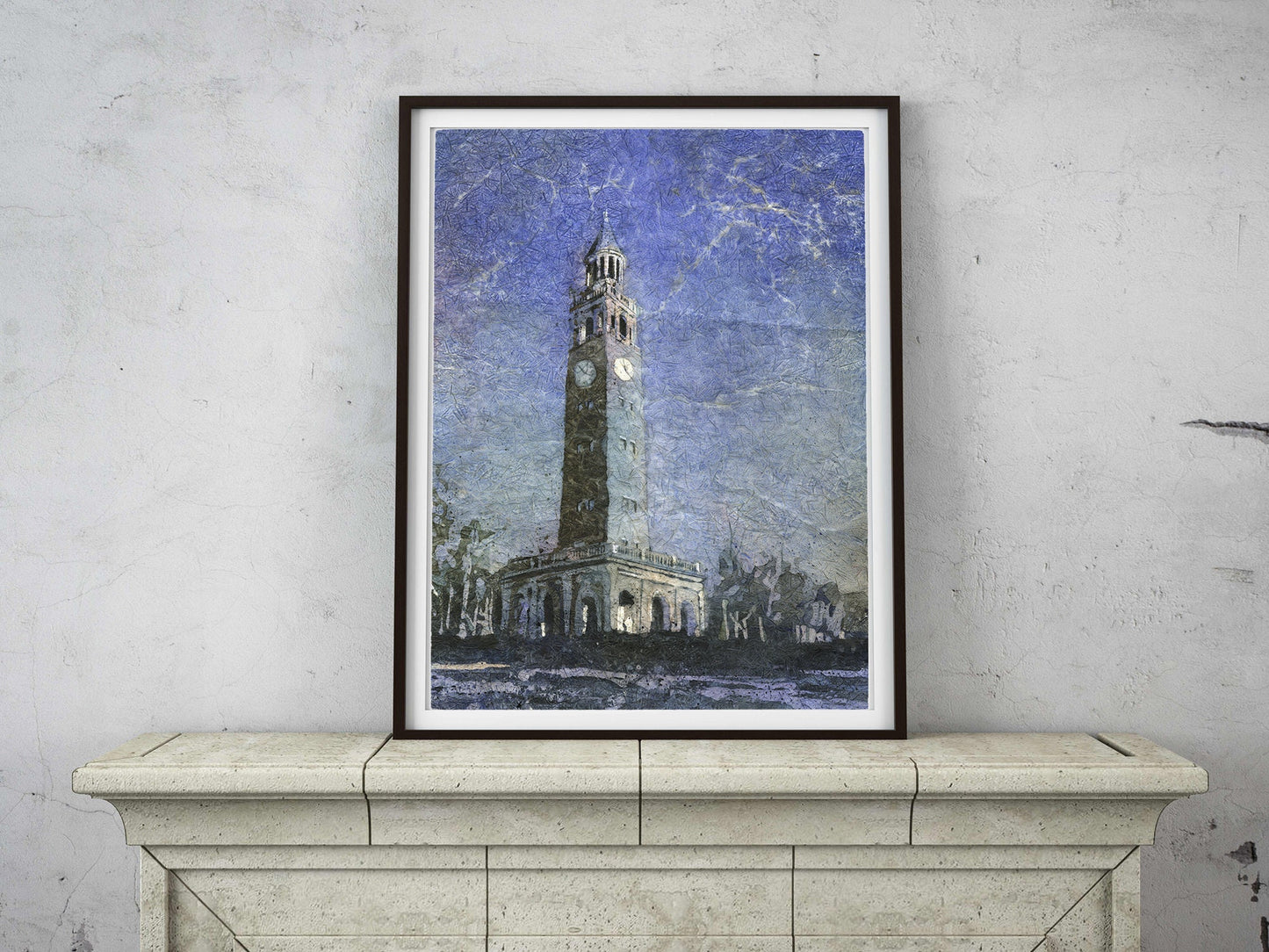 University of North Carolina (UNC) belltower at dusk in Chapel Hill, NC.  UNC decor Tar Heels belltower Chapel Hill artwork batik (print)