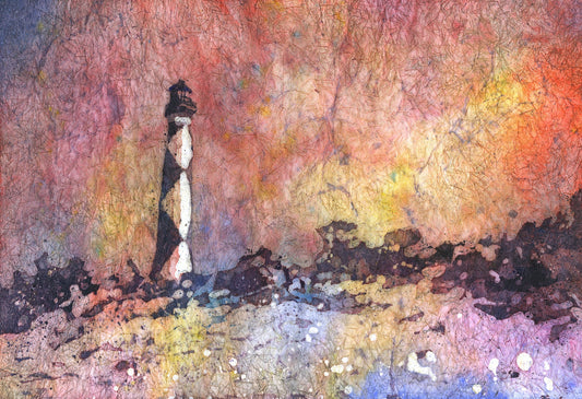 Cape Lookout - Outer Banks, lighthouse North Carolina.  Fine art watercolor batik painting of historic lighthouse Outer Banks NC (print)