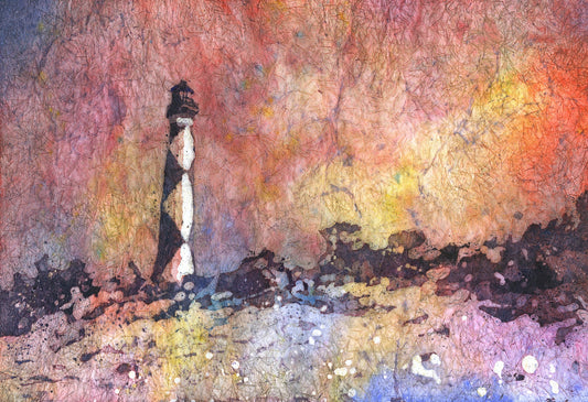 Faro de Cape Lookout: pintura batik de acuarela de Outer Banks, Carolina del Norte (original). Acuarela del faro histórico de Outer Banks NC