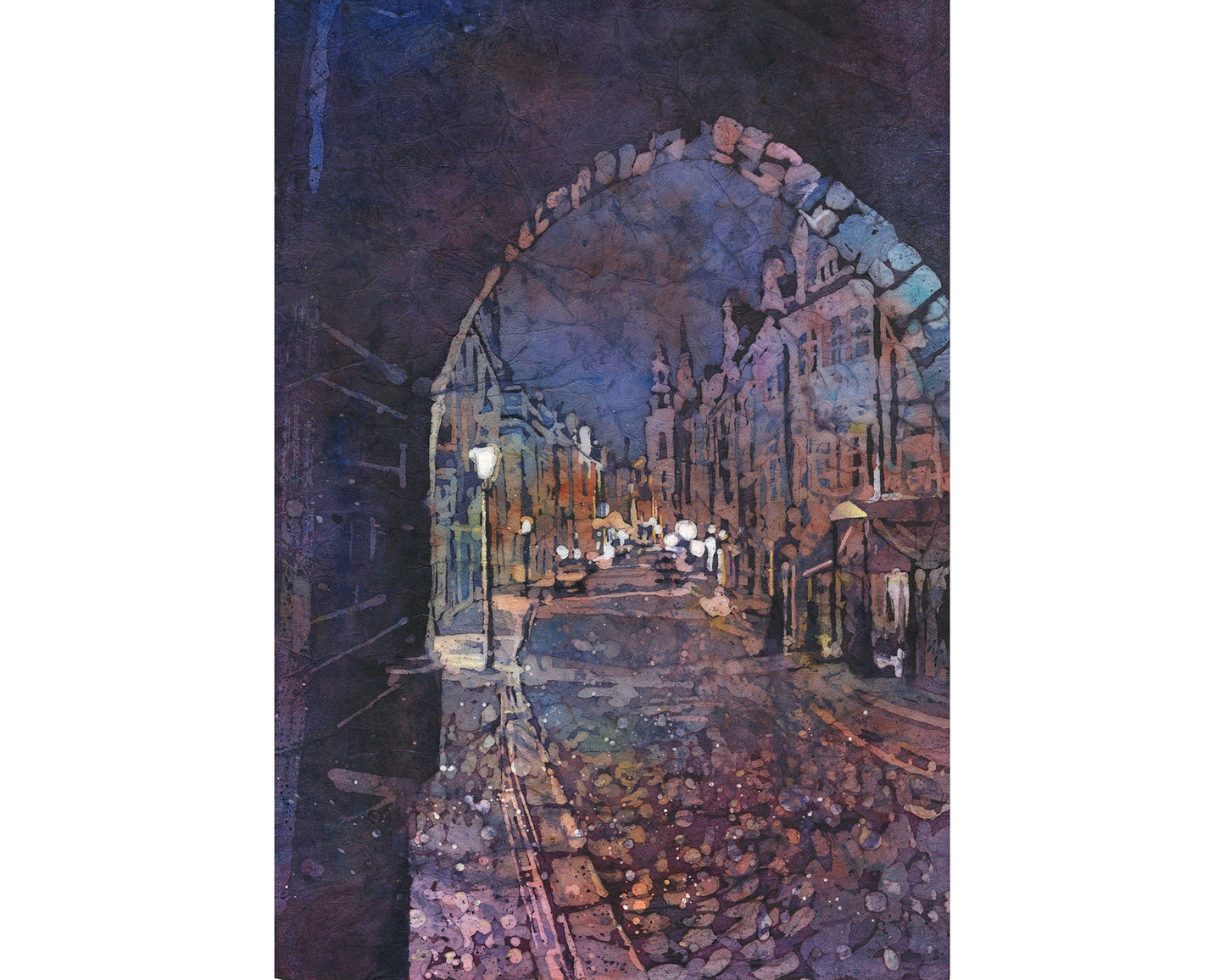 Medieval city of Prague, Czech Republic at night.  Prague watercolor painting street art watercolor batik painting Czech Republic Prague art (print)