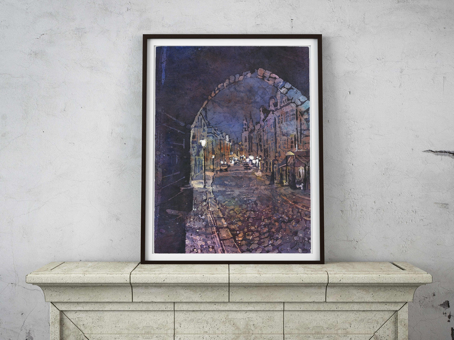 Medieval city of Prague, Czech Republic at night.  Prague watercolor painting street art watercolor batik painting Czech Republic Prague art (print)