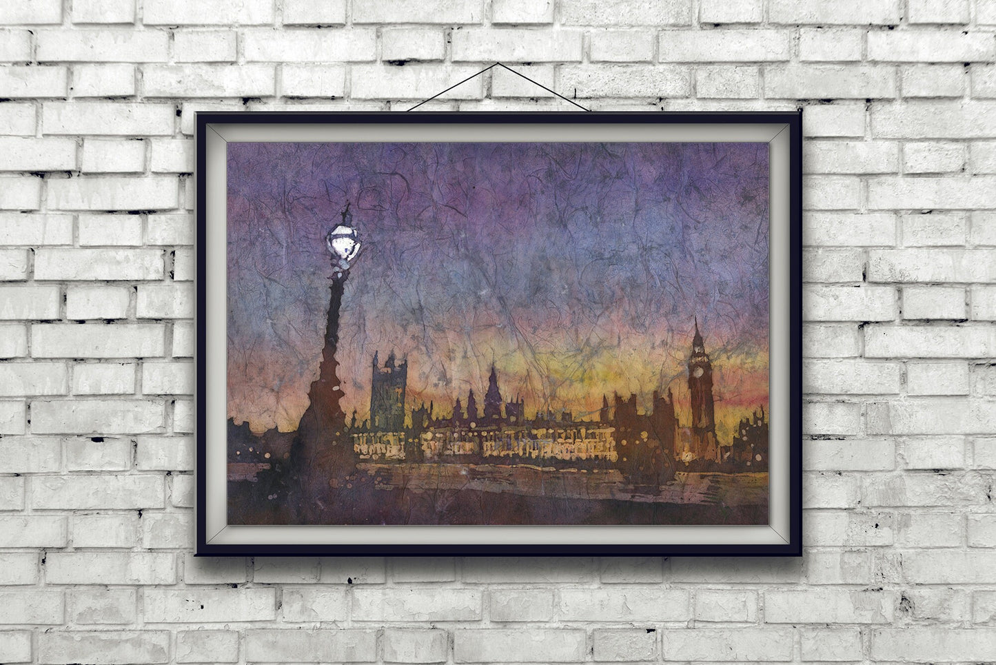 Big Ben (clock of Elizabeth Tower) of Houses of Parliament silhouetted on banks of River Thames- London, United Kingdom.  Big Ben artwork