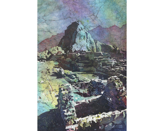 Fine art watercolor batik painting on rice paper of the Hut of the Caretaker at the UNESCO World Heritage Incan ruins of Machu Picchu- Sacred Valley, Peru