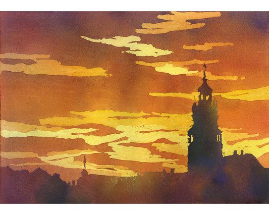 Orange sunset with silhouette of church bell tower in Tabor, Czech Republic.  Watercolor painting orange sunset artwork sunset landscape (print)
