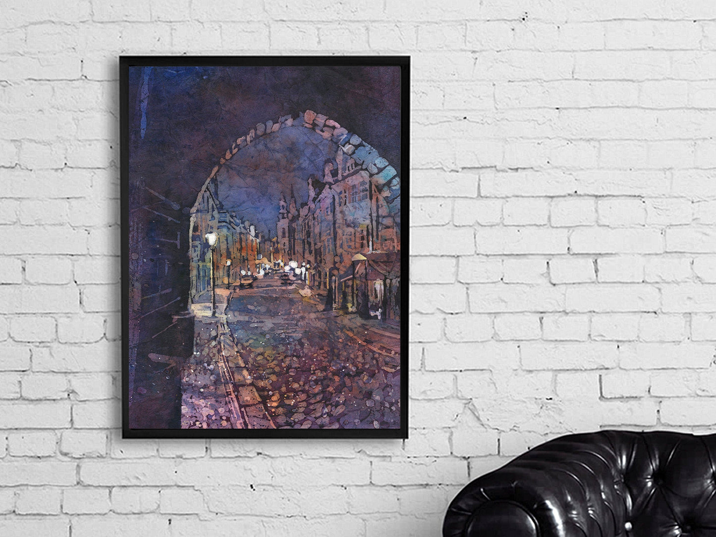 Medieval city of Prague, Czech Republic at night.  Prague watercolor painting street art watercolor batik painting Czech Republic Prague art (print)