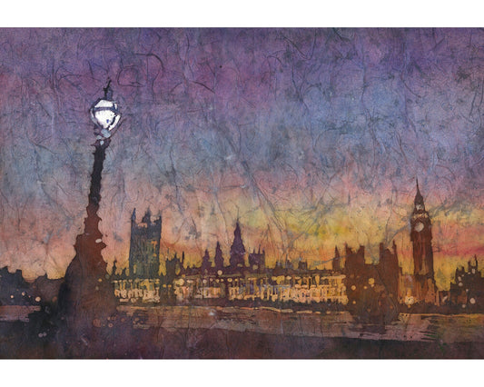 Big Ben (clock of Elizabeth Tower) of Houses of Parliament silhouetted on banks of River Thames- London, United Kingdom. Big Ben artwork