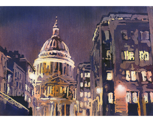 St. Pauls Cathedral at night in the city of London, England.  Watercolor painting London England church art London (original painting)