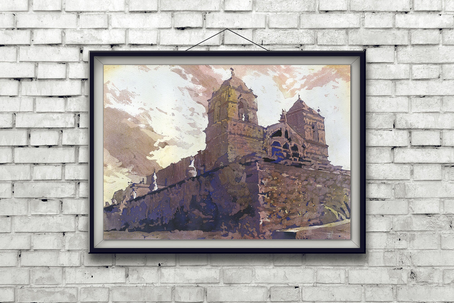 Spanish church in small town in Colca Canyon, Peru.  Watercolor painting church Peru artwork church artwork landscape Peru Sacred Valley art