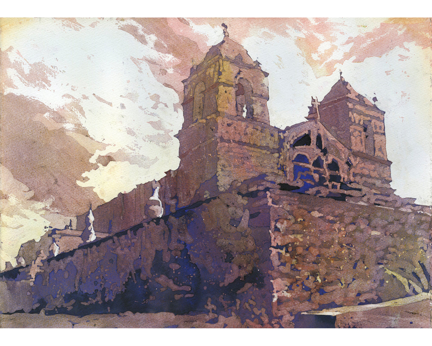 Spanish church in small town in Colca Canyon, Peru.  Watercolor painting church Peru artwork church artwork landscape Peru Sacred Valley art