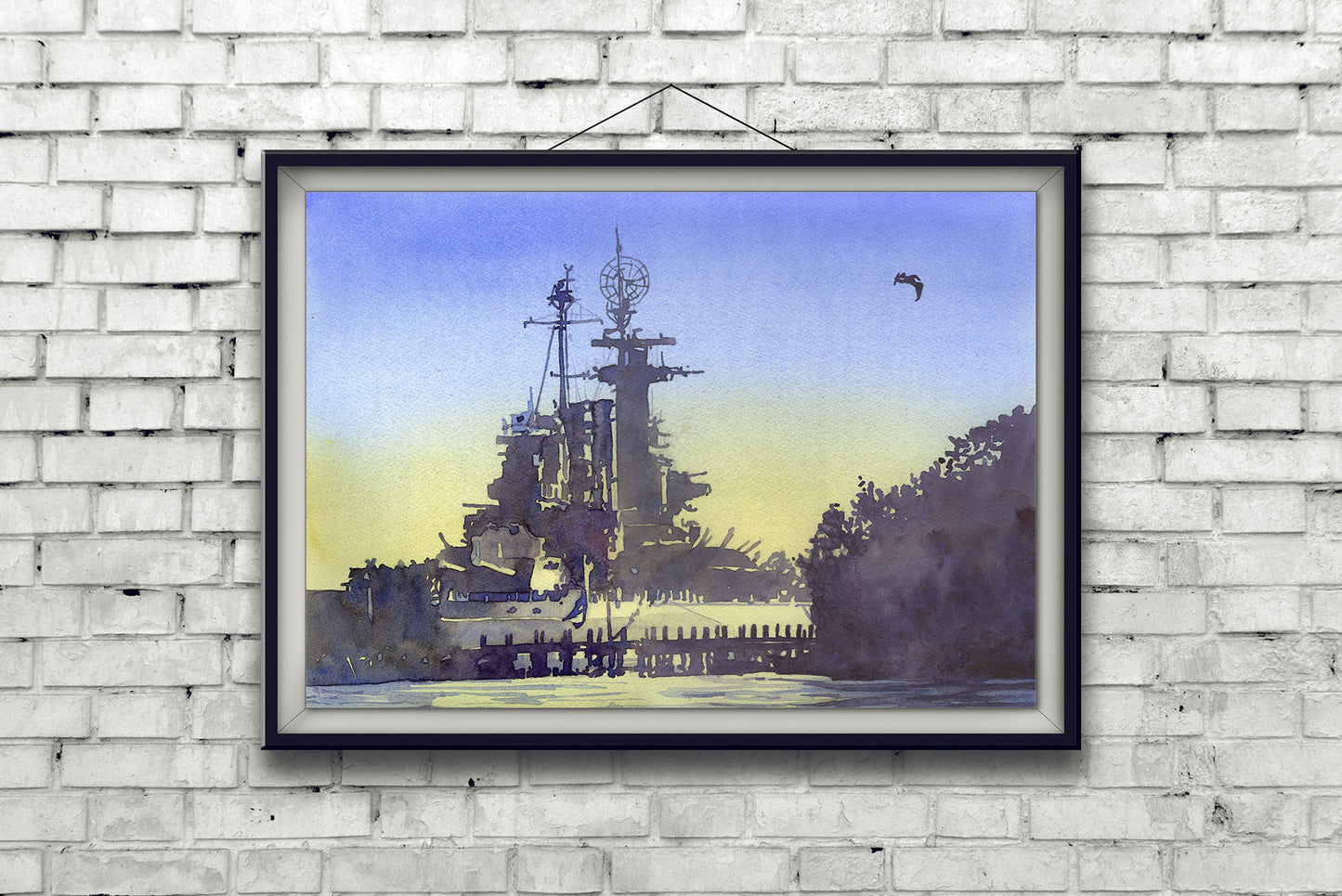 Battleship North Carolina at sunset in the coastal city of Wilmington, NC.  Watercolor painting Battleship Wilmington NC (print)