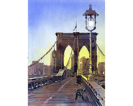 Brooklyn Bridge and Manhattan in New York City- New York, USA. Watercolor painting Brooklyn Bridge NYC skyline