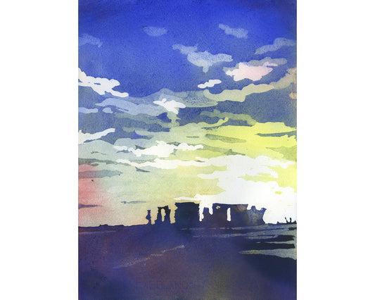 Stonehenge se recorta al atardecer en la campiña inglesa. Pintura acuarela Stonehenge ruinas Reino Unido puesta de sol coloridas obras de arte pintura decoración