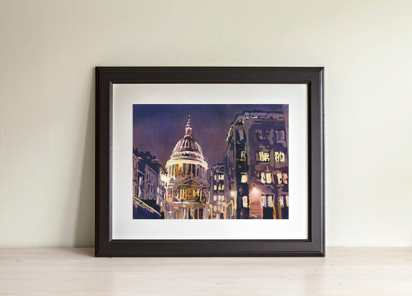 Catedral de San Pablo por la noche en la ciudad de Londres, Inglaterra. Pintura de acuarela Obras de arte de la iglesia de Londres Inglaterra Obras de arte del horizonte de Londres