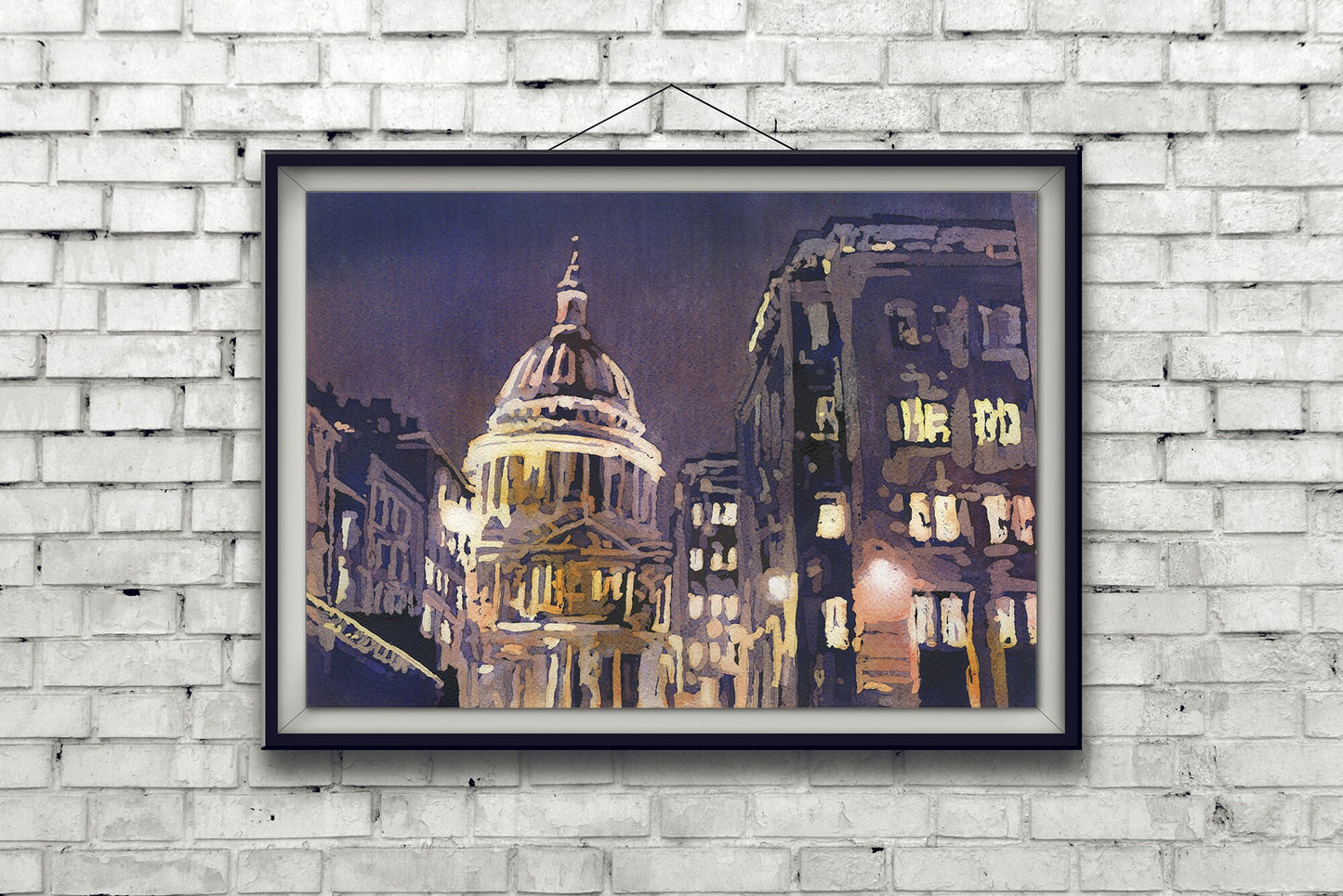 St. Pauls Cathedral at night in the city of London, England.  Watercolor painting London England church artwork London skyline artwork