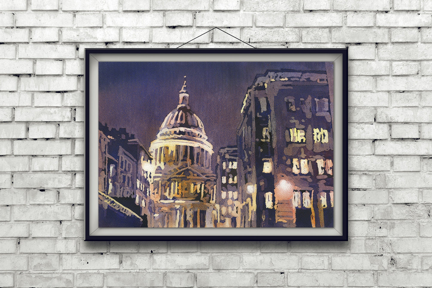 St. Pauls Cathedral at night in the city of London, England.  Watercolor painting London England church art London (original painting)