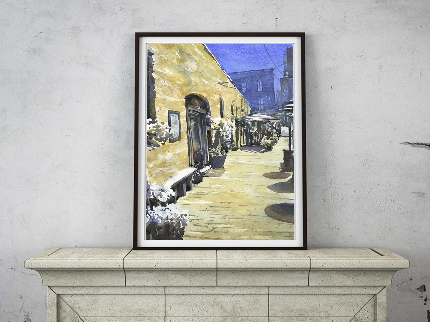 Elizabeth City, NC alleyway- Pailins Alley.  Watercolor painting of Pailins Alley in Elizabeth City, North Carolina blue yellow artwork v