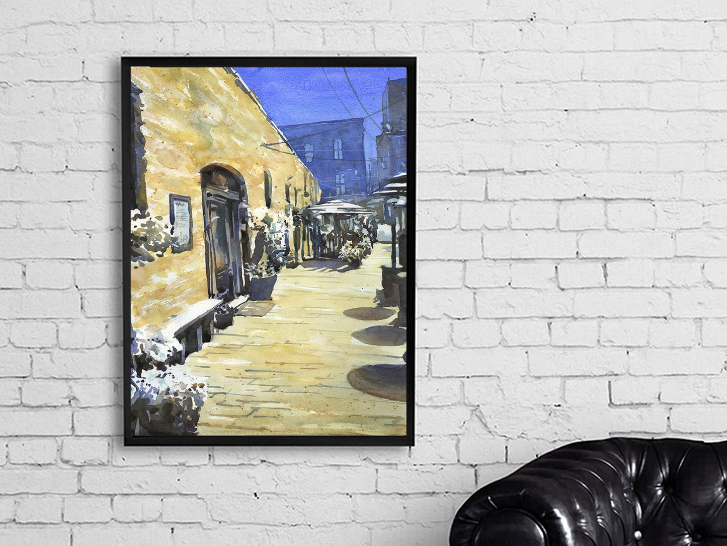 Elizabeth City, NC alleyway- Pailins Alley.  Watercolor painting of Pailins Alley in Elizabeth City, North Carolina blue yellow artwork v