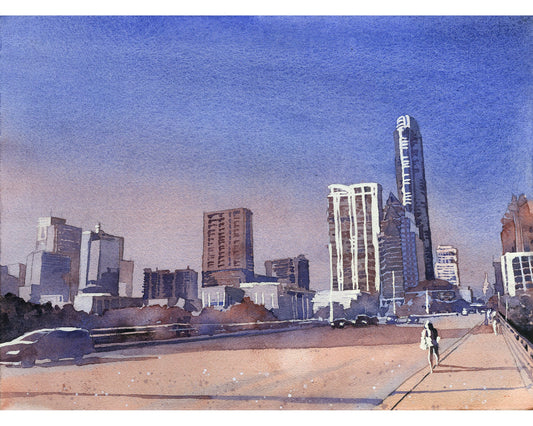 Austin, TX skyline with State Capitol in distance.  Austin Texas skyline artwork watercolor painting
