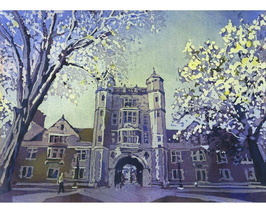 University of Michigan campus artwork featuring the iconic Law Library in vibrant watercolor.