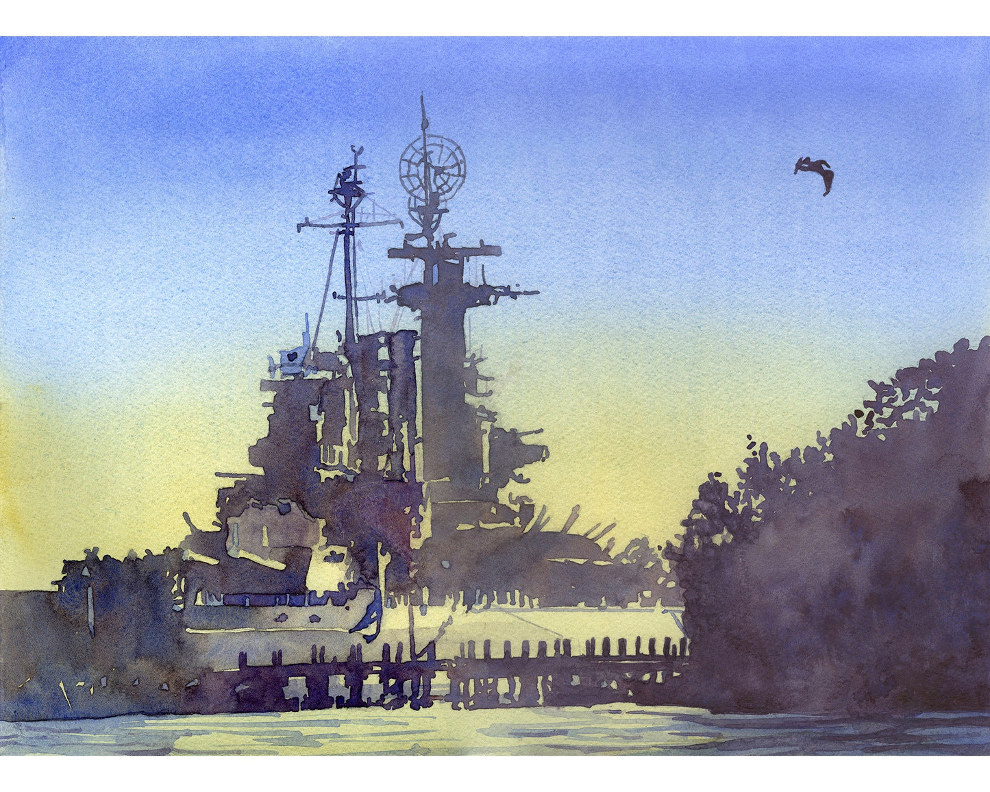 Exterior of Battleship North Carolina at sunset in the coastal city of Wilmington, NC.  Watercolor painting Battleship Wilmington NC artwork.