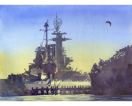 Exterior of Battleship North Carolina at sunset in the coastal city of Wilmington, NC. Watercolor painting Battleship Wilmington NC artwork.