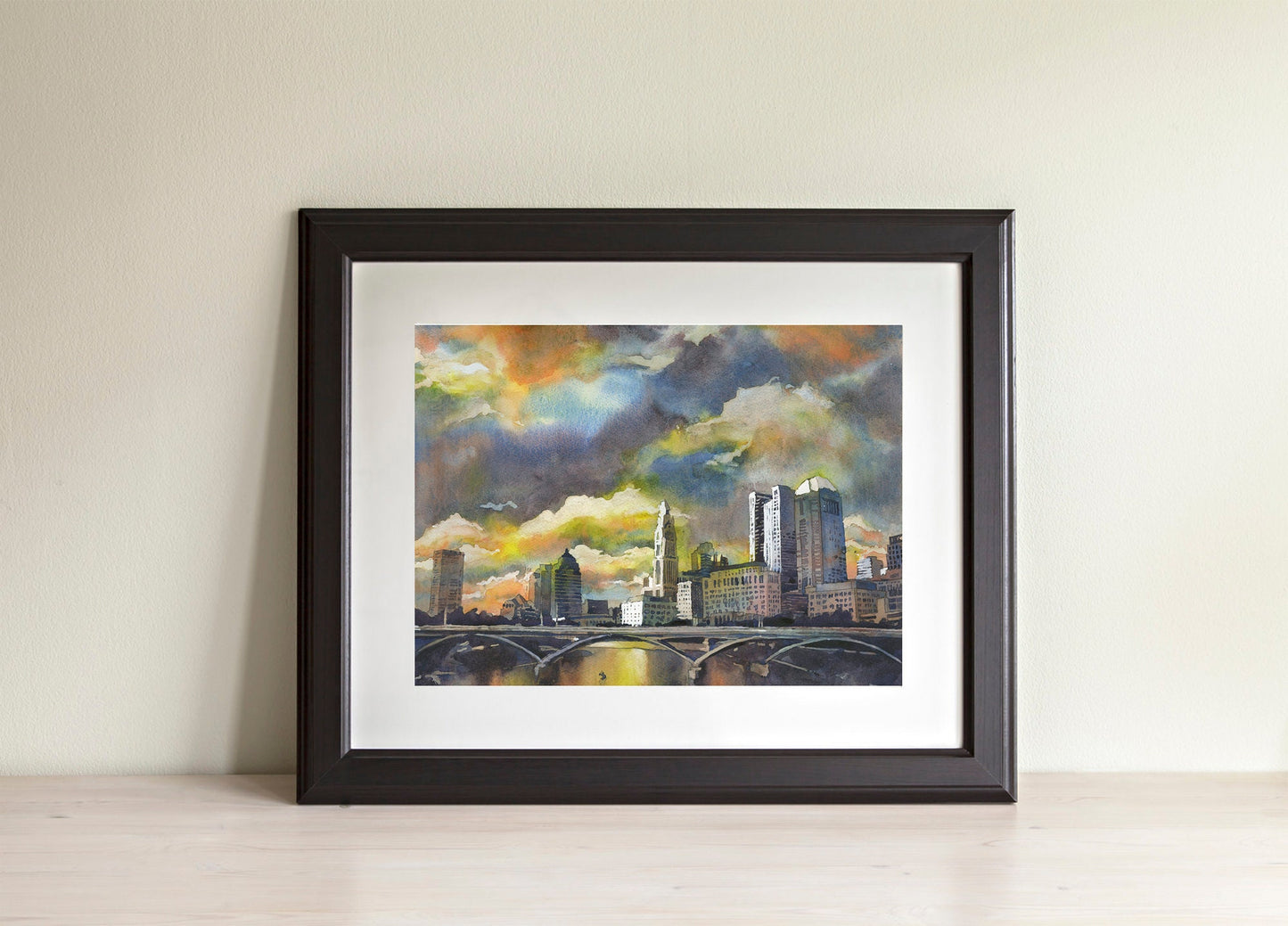 Columbus, OH skyline at sunset.  Watercolor painting of Columbus, Ohio at sunset architecture Columbus skyline Ohio artwork cityscape art (print)