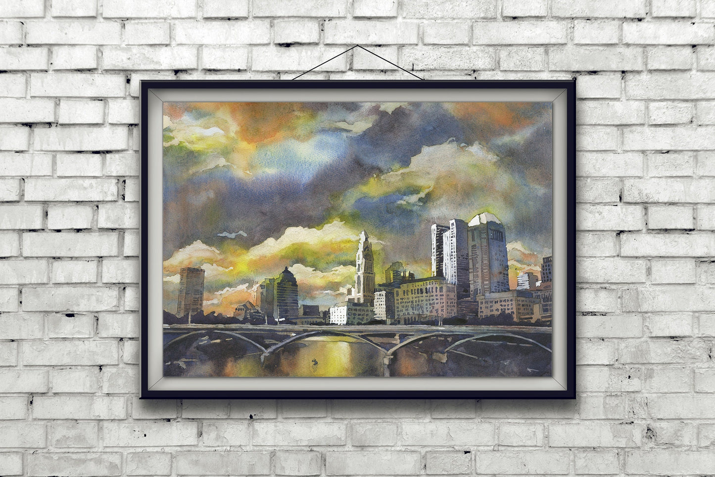 Columbus, OH skyline at sunset.  Watercolor painting of Columbus, Ohio at sunset architecture Columbus skyline Ohio artwork cityscape art (print)