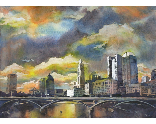 Horizonte de Columbus, OH al atardecer. Pintura de acuarela de Columbus, Ohio al atardecer arquitectura Columbus horizonte Ohio obras de arte paisaje urbano (impresión)
