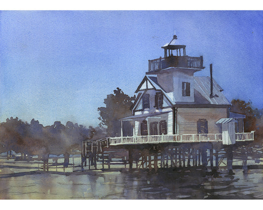 Roanoke River Lighthouse on the waterfront of Edenton, North Carolina.  Watercolor painting Edenton lighthouse NC blue orange art seascape